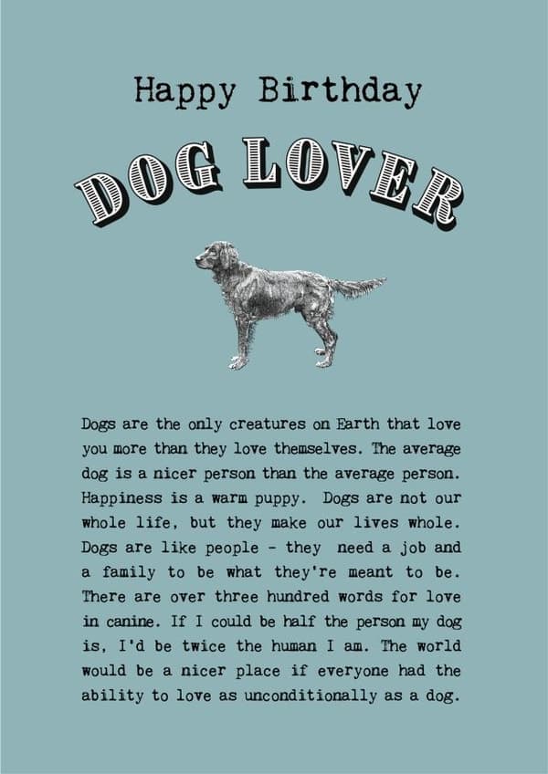 sentimental, funny birthday card aimed at dog lovers, friends