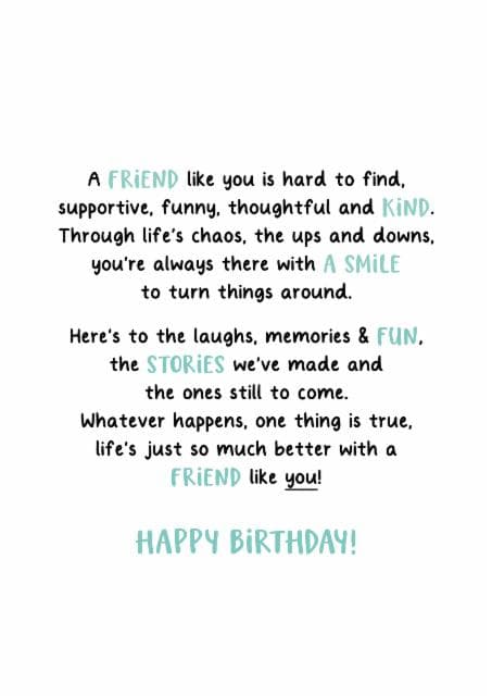 sentimental, funny birthday card aimed at friends, adults