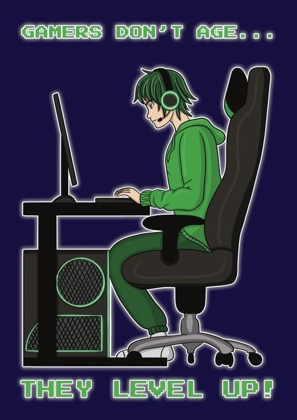 funny birthday card aimed at gamers, adults