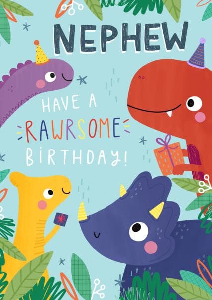 cute, kid friendly birthday card aimed at nephew, children, 3 year olds, 4 year olds, 5 year olds, 6 year olds, 7 year olds