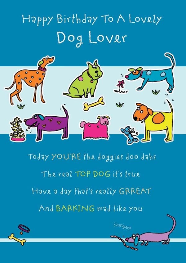 cute, punny birthday card aimed at dog lovers, friends