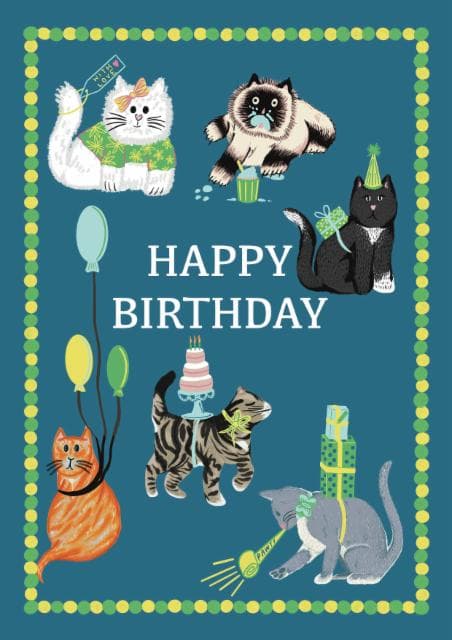 cute, animal birthday card aimed at cat lovers, friends
