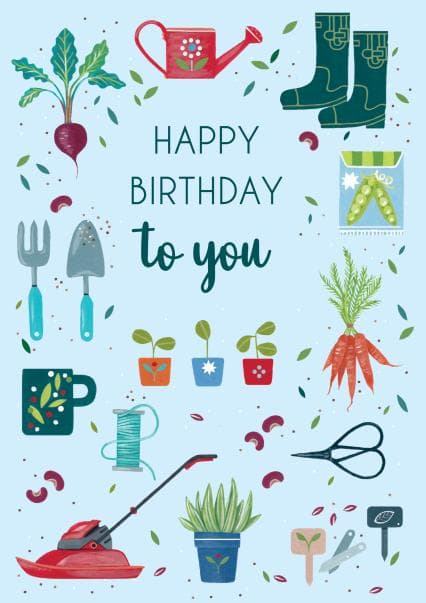 cute birthday card aimed at gardeners, plant lovers, friends
