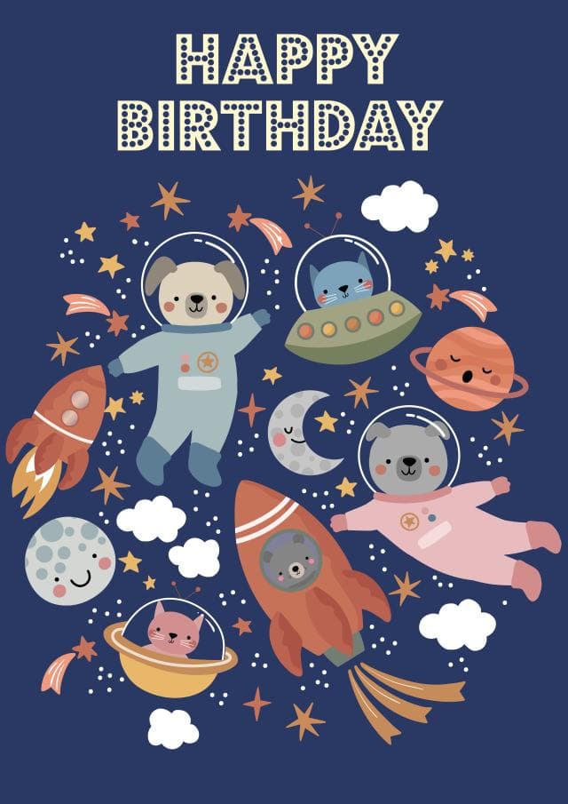 cute birthday card aimed at kids, children, 5 year olds, 6 year olds, animal lovers