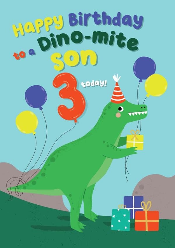 cute, kid friendly birthday card aimed at 3 year olds, son, boys