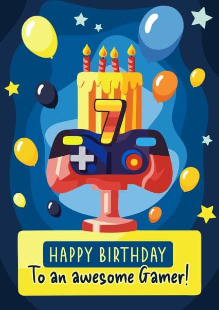 cute, kid friendly birthday card aimed at kids, gamer