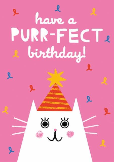 cute, punny birthday card aimed at cat lovers, kids
