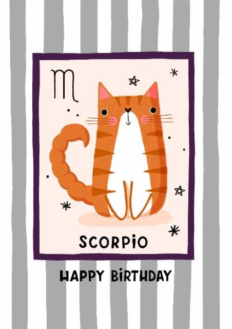 cute, animal birthday card aimed at cat lovers, zodiac