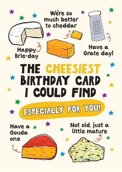 cheesy, punny birthday card aimed at adult, friends