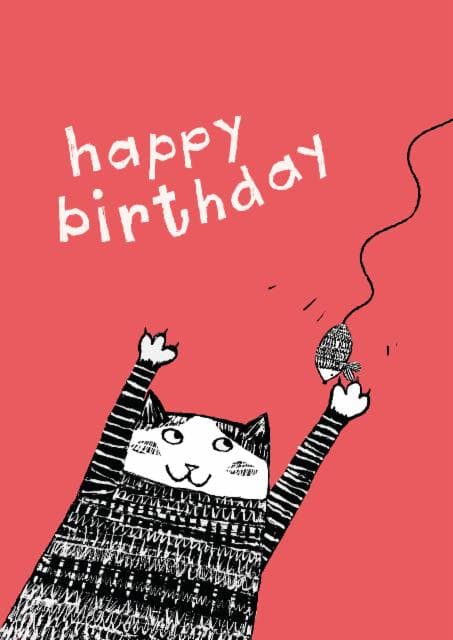 cute, animal birthday card aimed at cat lovers, friends