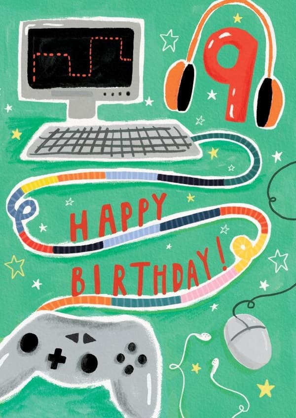 kid friendly, cute birthday card aimed at kids, 9 year olds, boys