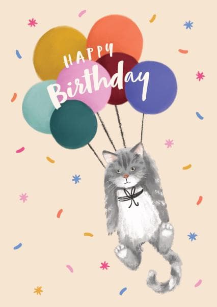 cute, animal birthday card aimed at cat lovers, friends