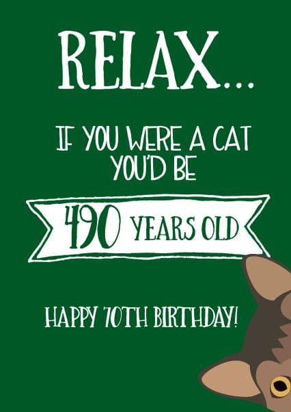 funny, cat birthday card aimed at 70 year olds, cat lovers, adults
