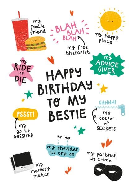 funny, cute birthday card aimed at friend, bestie, young adults