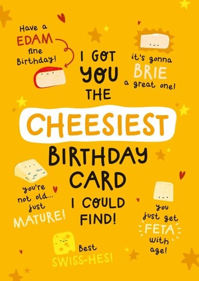 cheesy, punny birthday card aimed at adult, friends