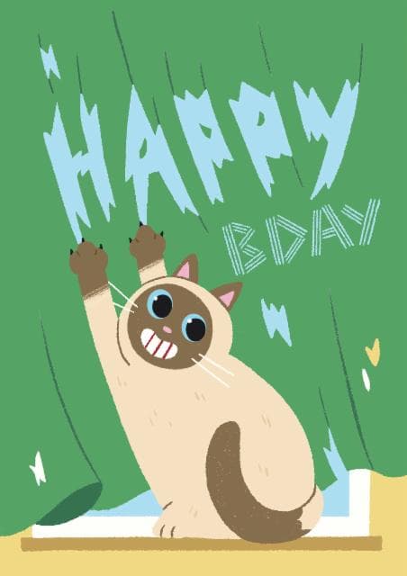 cute, animal birthday card aimed at cat lovers, friends