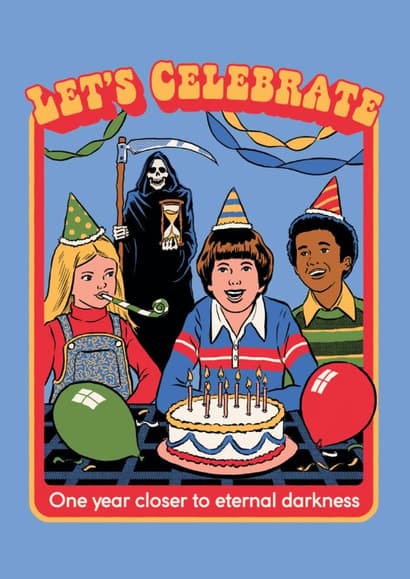 dark, funny birthday card aimed at friends, kids