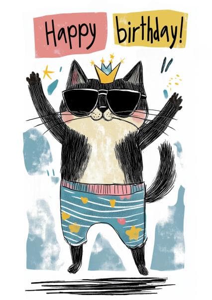 cute, animal birthday card aimed at cat lovers, kids