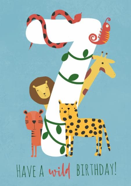 cute, kid friendly birthday card aimed at 7 year olds, kids, animal lovers