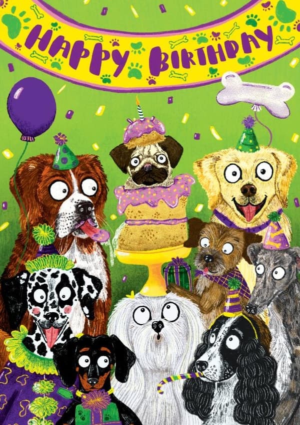 cute, animal birthday card aimed at dog lovers, family