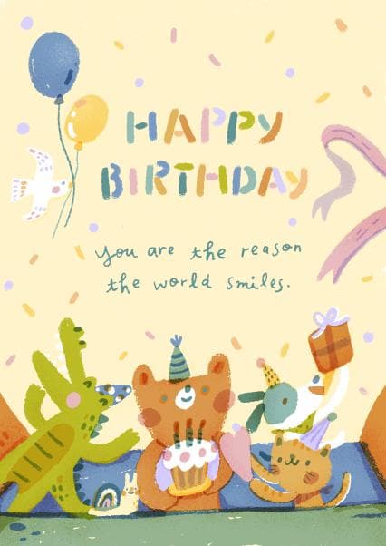 cute, kid friendly birthday card aimed at kids, friends