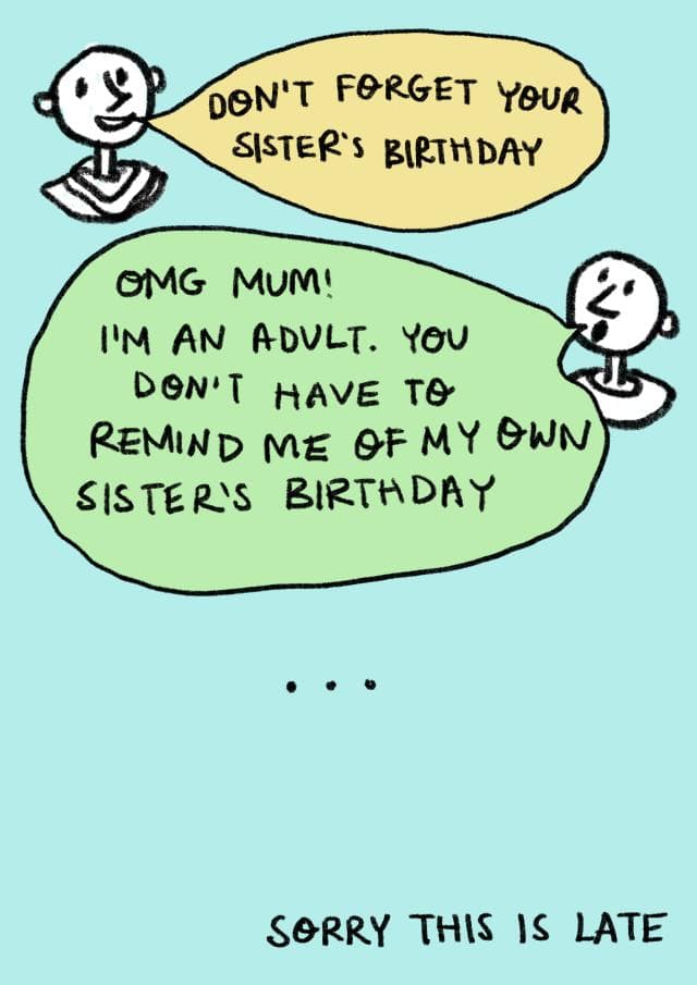 funny birthday card aimed at sister